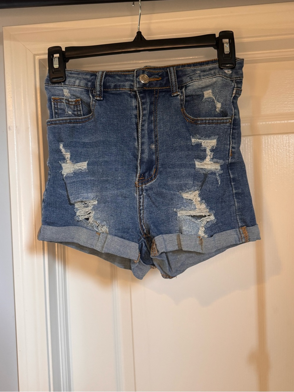 High-Rise Distressed Roll-Cuff Denim Shorts - Blue